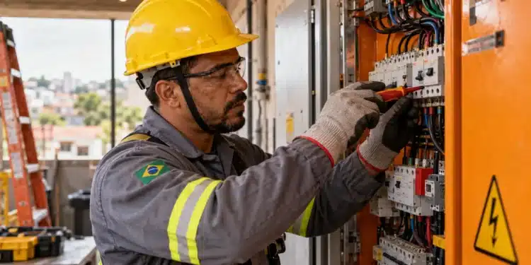Eletricista brasileiro com capacete amarelo e equipamentos de proteção realiza manutenção em quadro de distribuição de energia elétrica.
