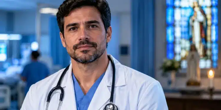Médico de jaleco branco e estetoscópio em ambiente hospitalar, com vitral religioso ao fundo, representando a origem cristã do Dia do Médico.