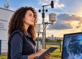Imagem ilustrativa de meteorologista com tablet ao lado de estação meteorológica com anemômetro e cata-vento e de monitor com imagem de satélite da América do Sul, em referência ao Dia do Meteorologista