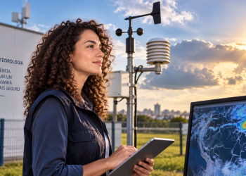Imagem ilustrativa de meteorologista com tablet ao lado de estação meteorológica com anemômetro e cata-vento e de monitor com imagem de satélite da América do Sul, em referência ao Dia do Meteorologista