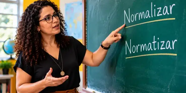 Professora aponta para as palavras normalizar e normatizar escritas no quadro-negro durante explicação em sala de aula.