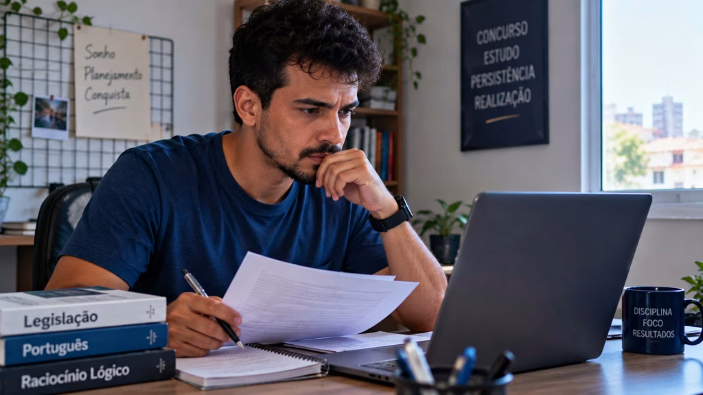 Imagem ilustrativa de homem concentrado lendo um documento em frente a um notebook, com caneta na mão e livros sobre a mesa, em referência à consulta de autenticidade do diploma de curso técnico