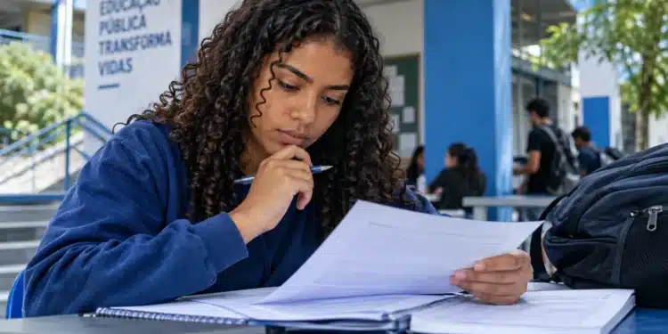 Estudante analisa documentos em uma universidade, representando os direitos previstos na Lei do Estágio sobre bolsa, jornada e recesso.