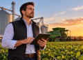 Imagem ilustrativa de executivo de colete com tablet nas mãos diante de lavoura de soja, silos e colheitadeira, ao pôr do sol, em referência ao salário do diretor comercial do agro