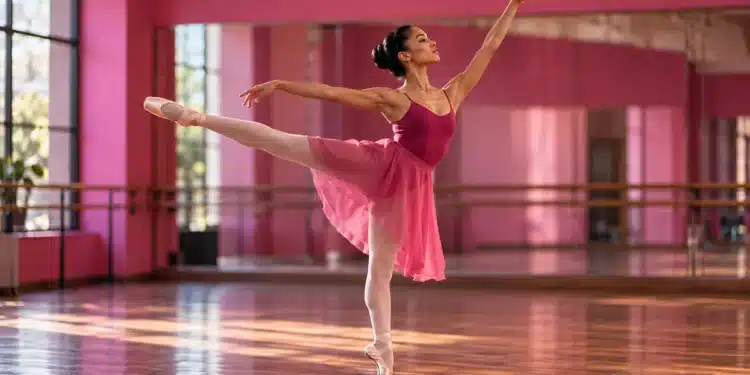 Bailarina com vestido rosa executa movimento de balé na ponta dos pés em estúdio de dança com espelhos.