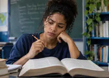 Estudante consulta um dicionário aberto durante os estudos, representando a dúvida de português sobre o uso correto das palavras “contumaz” e “costumaz”.