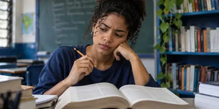 Estudante consulta um dicionário aberto durante os estudos, representando a dúvida de português sobre o uso correto das palavras “contumaz” e “costumaz”.