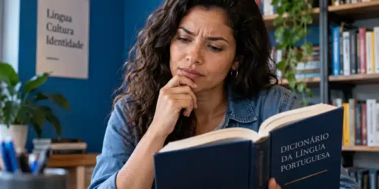 Mulher de cabelos cacheados e camisa azul consulta um dicionário de língua portuguesa com expressão pensativa, em um ambiente de estudos.