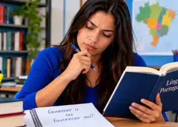 Estudante com livro de Língua Portuguesa analisa a dúvida gramatical entre “favorecer o” e “favorecer ao”.