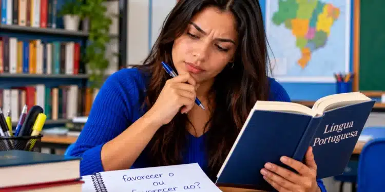 Estudante com livro de Língua Portuguesa analisa a dúvida gramatical entre “favorecer o” e “favorecer ao”.