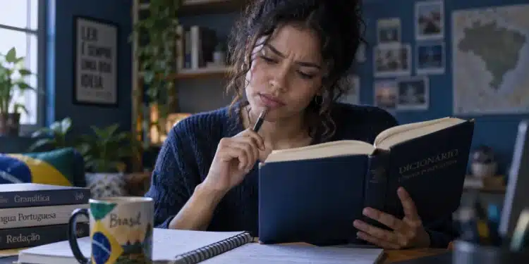 Jovem consulta dicionário, representando a dúvida sobre a grafia correta de “hilário” ou “ilário”.