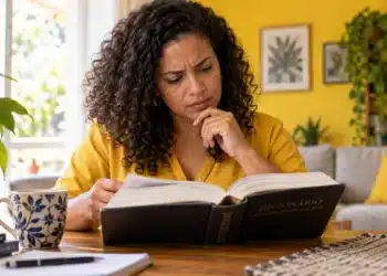 Mulher com expressão de dúvida consulta um dicionário de língua portuguesa aberto sobre a mesa.