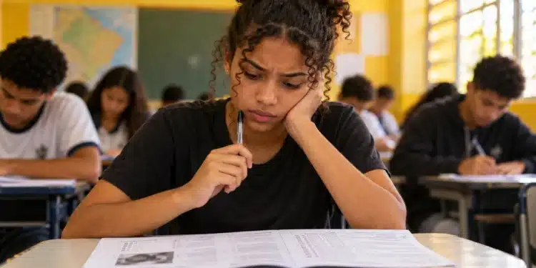 Estudante analisa questões de uma prova com expressão de dúvida, representando a decisão entre chutar ou deixar respostas em branco no Enem 2026.