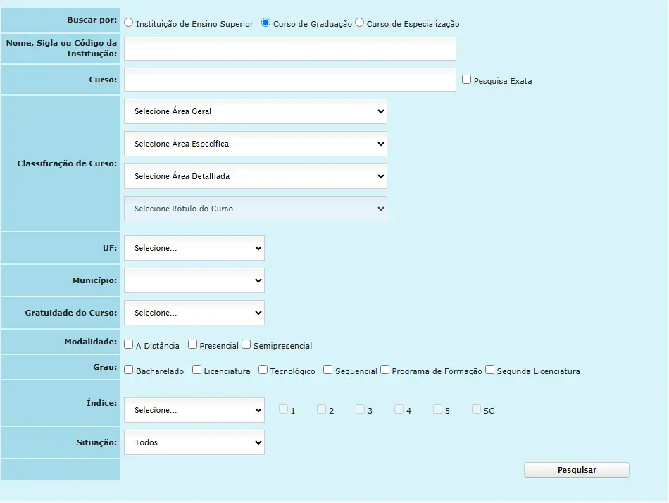 Tela de consulta de cursos de graduação no sistema e-MEC.