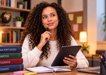 Imagem ilustrativa de estudante segurando um tablet e uma caneta ao lado de livros de Língua Portuguesa, Gramática, Ortografia e Dicionário, em referência à dúvida entre e-book ou ebook