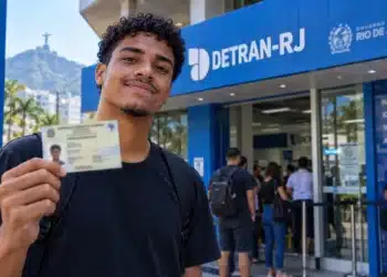 Jovem apresenta carteira de identidade em frente a uma unidade do Detran-RJ, ilustrando o atendimento sem agendamento destinado aos estudantes que vão fazer o Enem.