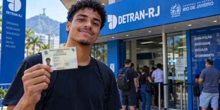 Jovem apresenta carteira de identidade em frente a uma unidade do Detran-RJ, ilustrando o atendimento sem agendamento destinado aos estudantes que vão fazer o Enem.