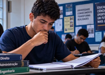 Imagem ilustrativa sobre o Enade 2026 mostra estudante universitário concentrado na leitura de uma apostila em sala de aula, com outros alunos ao fundo
