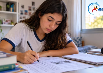 Estudante resolve questões de um simulado à mesa, com livros, cadernos e o logotipo do Enem no canto superior direito, simbolizando a preparação de treineiros para o Enem 2026.