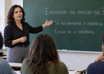 Professora gesticula para lousa com "Enviasse ou envia-se?" ao ensinar alunos em classe, explicando a dúvida gramatical.