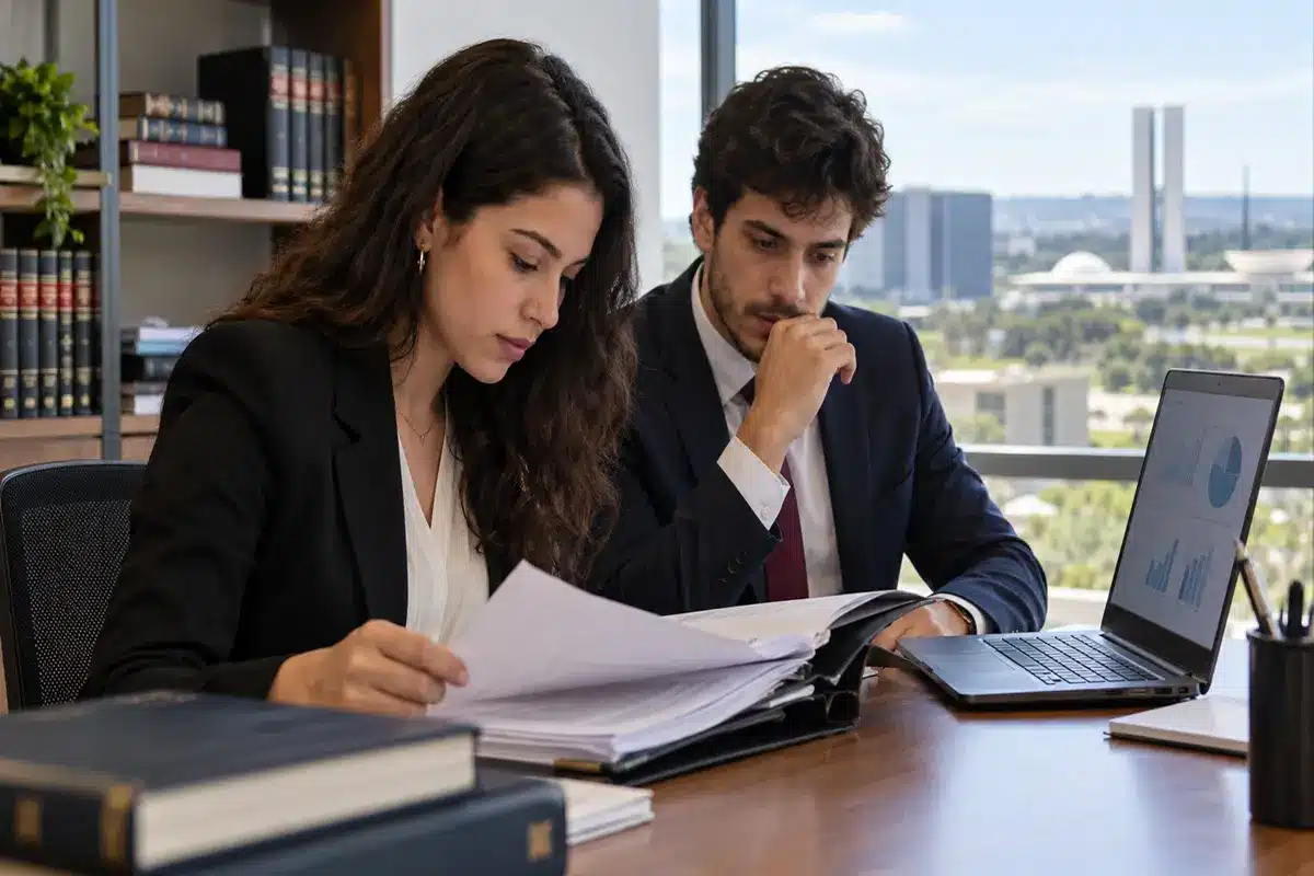 Dois advogados revisando papéis ao lado de notebook com gráficos, livros jurídicos e vista do Congresso Nacional ao fundo, simbolizando as vagas de estágio no Cade.