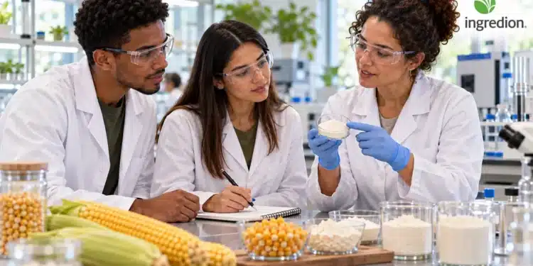 Três cientistas com jalecos e óculos analisam amostra em laboratório com milho e polvilho sobre mesa, simbolizando o estágio Ingredion.