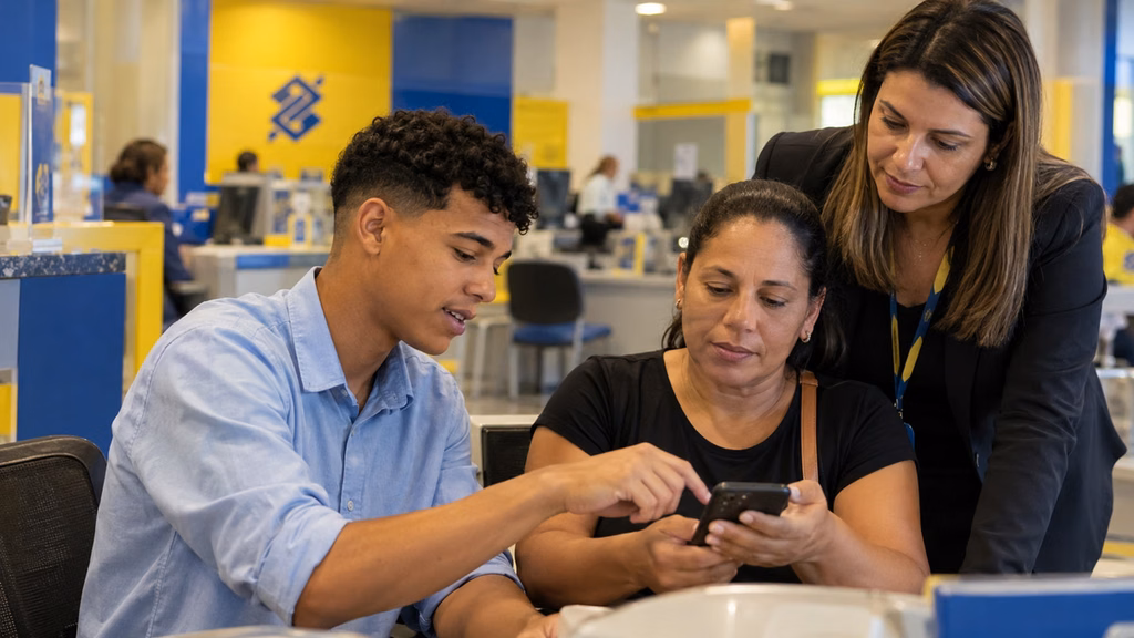 Imagem ilustrativa de jovem estagiário ajudando uma cliente a usar o aplicativo no celular, sob orientação de uma funcionária, em agência do Banco do Brasil.