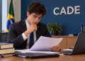 Jovem de terno revisa papéis em mesa de escritório do CADE com bandeira do Brasil ao fundo, simbolizando as vagas de estágio para estudantes de direito e economia.