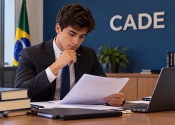 Jovem de terno revisa papéis em mesa de escritório do CADE com bandeira do Brasil ao fundo, simbolizando as vagas de estágio para estudantes de direito e economia.