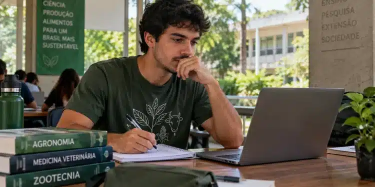 Estudante de Agronomia sentado em ambiente universitário, olhando para o notebook e segurando uma caneta sobre o caderno.