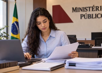 Jovem consulta documentos ao lado de um notebook, com identificação do Ministério Público e bandeira brasileira ao fundo, simbolizando as vagas de estágio.