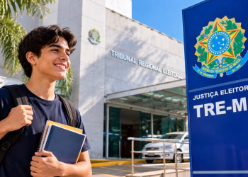 Imagem ilustrativa de estudante do ensino médio com mochila e cadernos diante da sede de um tribunal eleitoral, ao lado de um totem do estágio do TRE-MS