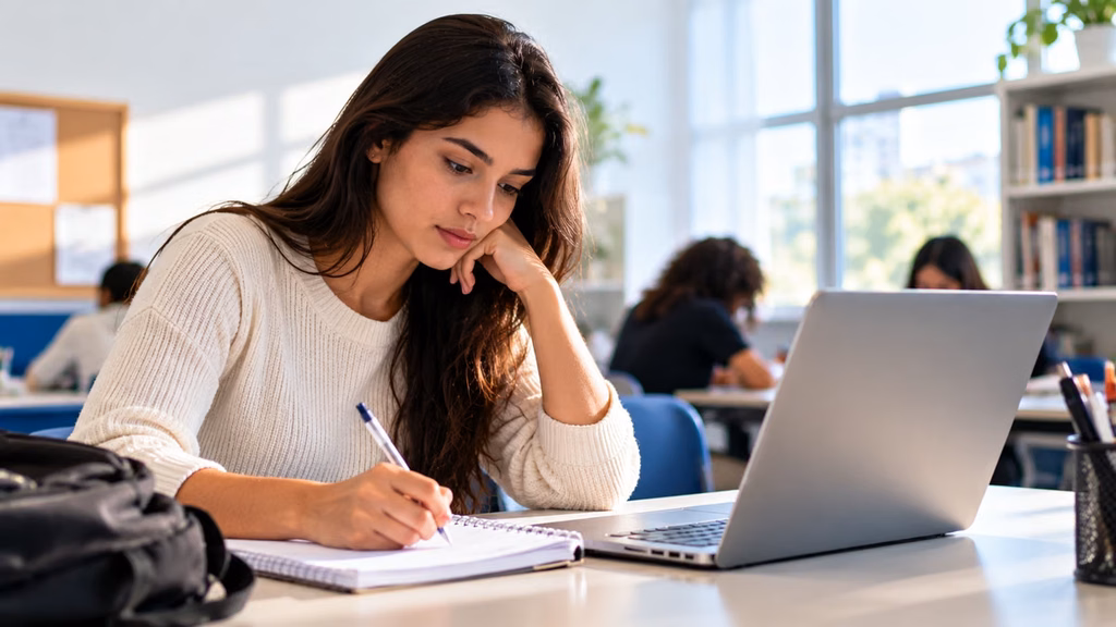 Universitária estudando com notebook e caderno em ambiente iluminado, ilustrando a preparação para a seleção de estágio na Educação de São Paulo.