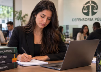 Imagem ilustrativa de estudante de Direito fazendo anotações ao lado de notebook e livros de Constituição Federal, Direito Penal e Direito Civil, em escritório com placa da Defensoria Pública, tema do estágio em Direito na Defensoria de PE