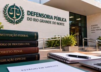 Imagem ilustrativa de livros de Constituição Federal, Código de Processo Civil, Direito Penal e Legislação Especial diante de um prédio com o nome da Defensoria Pública do Rio Grande do Norte, representando o estágio em Direito na Defensoria