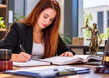 Imagem ilustrativa de estudante de Direito fazendo anotações ao lado de livros, martelo de juiz e estátua da Justiça, em referência ao estágio em Direito no IPREM