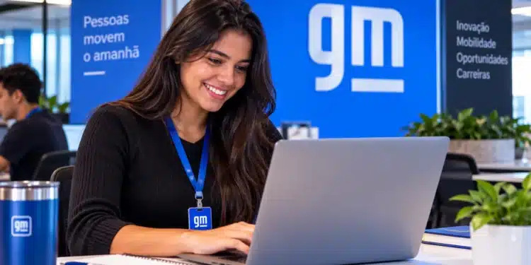 Estagiária da General Motors trabalha em notebook durante programa de estágio