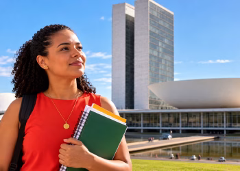 Imagem ilustrativa de jovem universitária com mochila e cadernos diante do Congresso Nacional, em Brasília, em referência ao estágio na Câmara dos Deputados