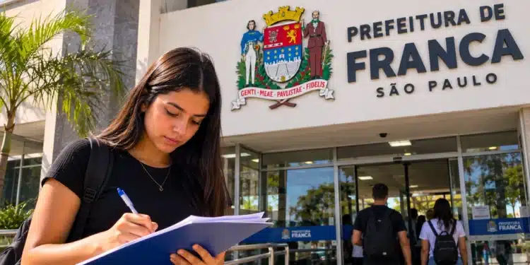 Jovem escreve em frente à Prefeitura de Franca, representando o estágio com inscrições abertas até 29 de outubro.