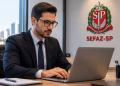 Imagem ilustrativa de homem de terno usando notebook em escritório, com o brasão do estado de São Paulo e a sigla Sefaz-SP na parede, representando o estágio na Secretaria da Fazenda de SP