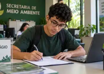 Jovem estudante preenchendo formulário em uma mesa de escritório, com notebook e identificação de estágio na Secretaria de Meio Ambiente.