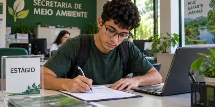 Jovem estudante preenchendo formulário em uma mesa de escritório, com notebook e identificação de estágio na Secretaria de Meio Ambiente.
