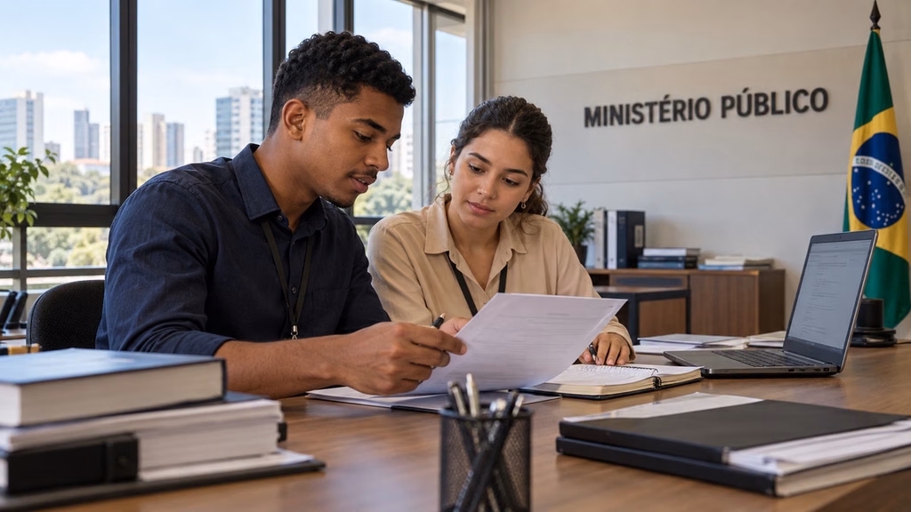 Dois jovens analisam documentos em uma mesa com notebook, com identificação do Ministério Público e bandeira brasileira ao fundo, simbolizando as vagas de estágio no órgão.