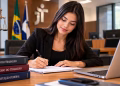 Imagem ilustrativa de estudante de Direito fazendo anotações em uma mesa com livros de Direito do Trabalho, Processo do Trabalho e Constituição Federal, em referência ao estágio no TRT da 1ª Região