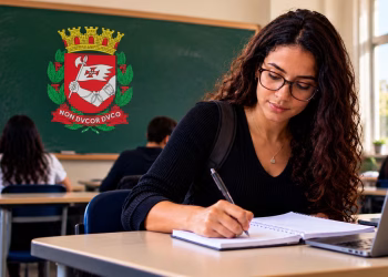 Estudante universitária escrevendo em caderno ao lado de notebook, com brasão da Prefeitura de São Paulo no quadro negro, representando o estágio na Educação.