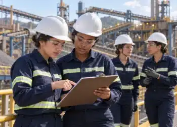 Quatro mulheres com equipamentos de proteção discutem uma análise técnica em uma instalação de mineração ao ar livre, simbolizando o Programa de Estágio 2027 da Samarco, exclusivo para mulheres.