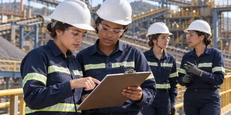 Quatro mulheres com equipamentos de proteção discutem uma análise técnica em uma instalação de mineração ao ar livre, simbolizando o Programa de Estágio 2027 da Samarco, exclusivo para mulheres.