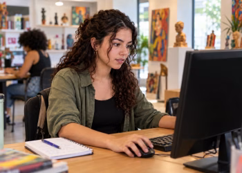 Mulher jovem com cabelo cacheado usa computador em sala colorida com cadernos e obras de arte ao fundo, simbolizando o estágio com inscrições abertas.