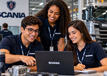 Estagiários trabalham em equipe em ambiente industrial, simbolizando o estágio da Scania 2027.