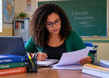 Imagem ilustrativa sobre financiamento das escolas mostra professora que analisa documentos em sala de aula, ao lado de livros sobre educação pública, gestão escolar e financiamento da educação